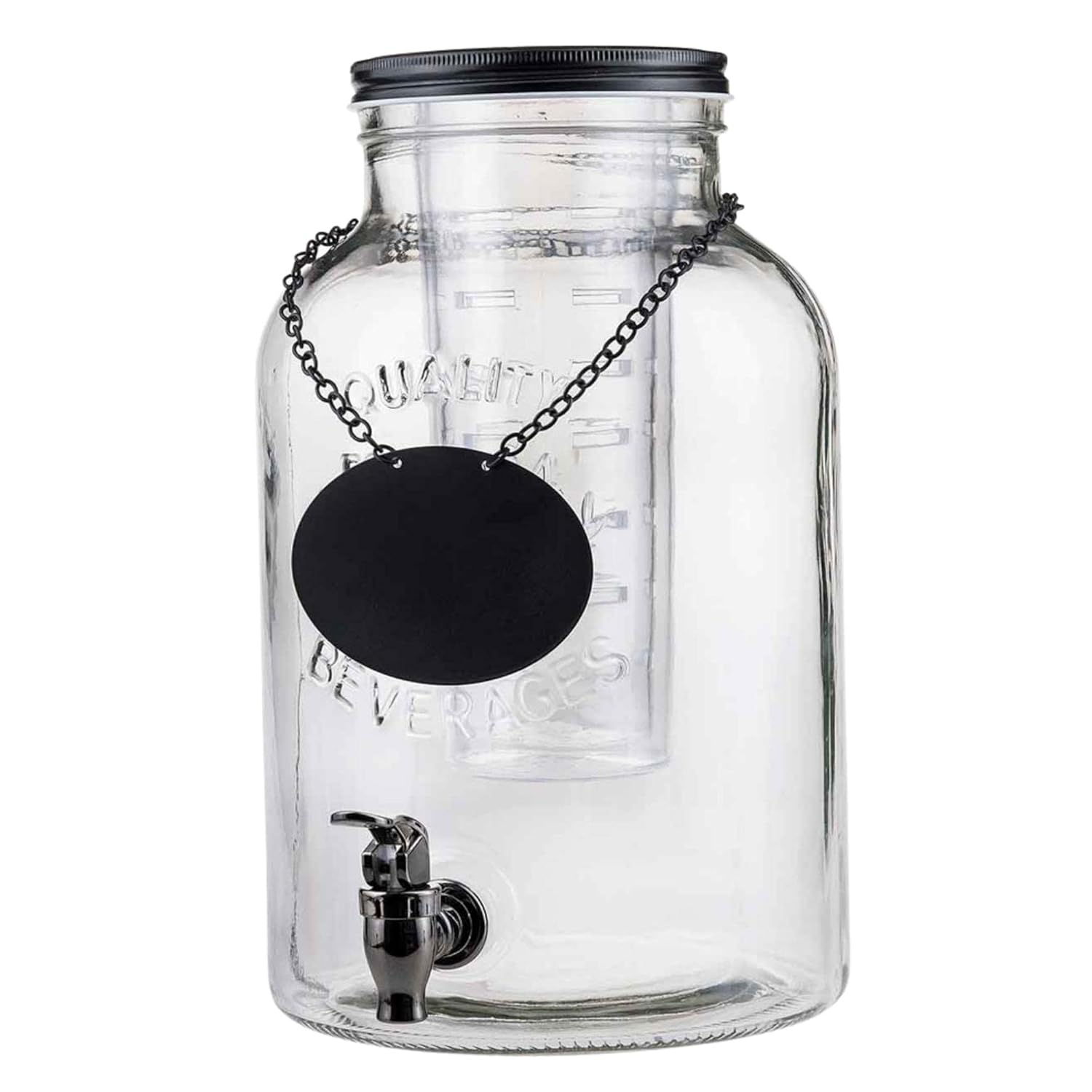 Tablecraft Industrial Collection Glass Beverage Dispenser, 2 gal, Includes Ice Core & Infuser, 8x10x12.75, Chalkboard Necklace
