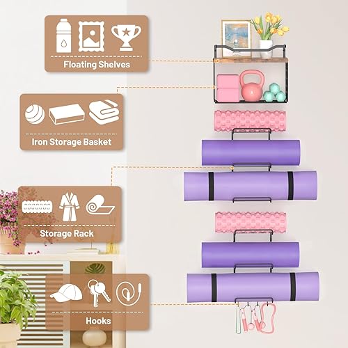 Miniatura 5 de Soporte de pared para esterilla de yoga de 6 niveles con estantes flotantes de madera, estante de almacenamiento para esterilla de yoga, accesorios
