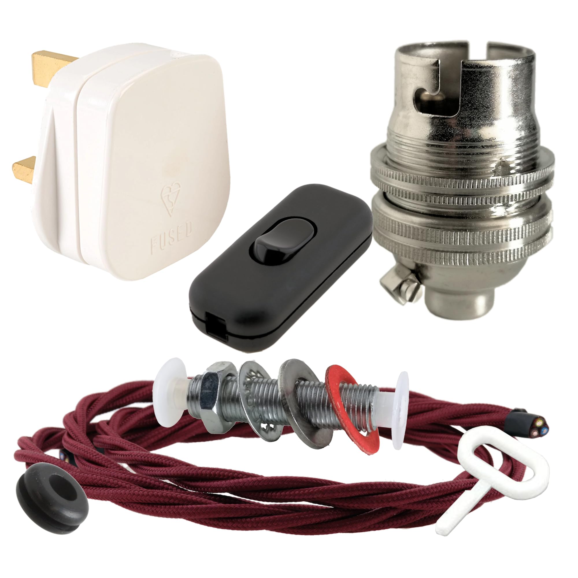 Art Deco Emporium Lamp Repair and Servicing Kit|White Plug|Burgundy Flex|Black Switch|B22 Chrome Finish Lamp Holder