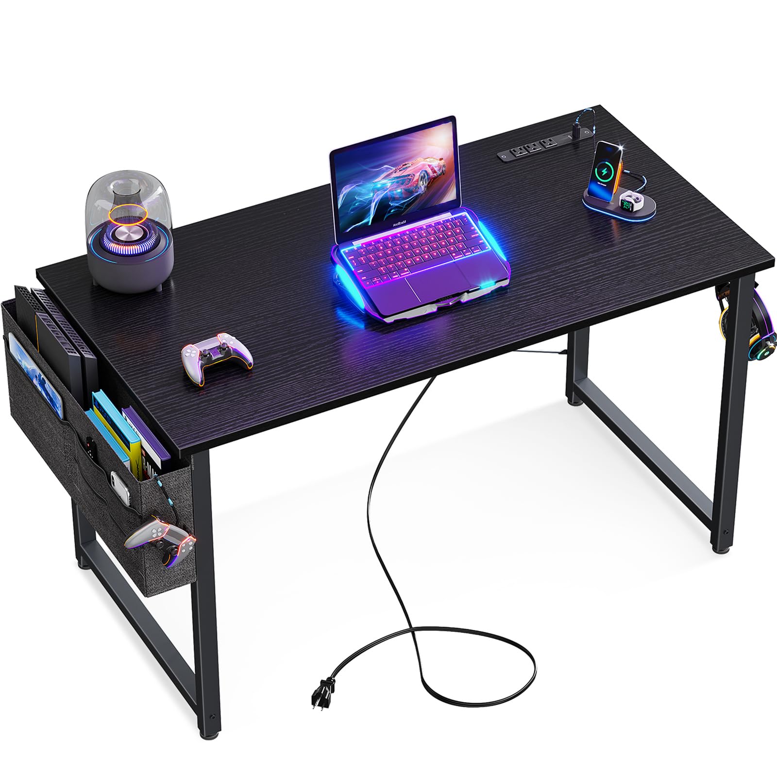 KKL Small Desk with Power Outlets and USB Port Computer Desk for Home Office Gaming Simple Modern Style Writing Desks with Storage Bag Headphone Hook, 40 inch, Black