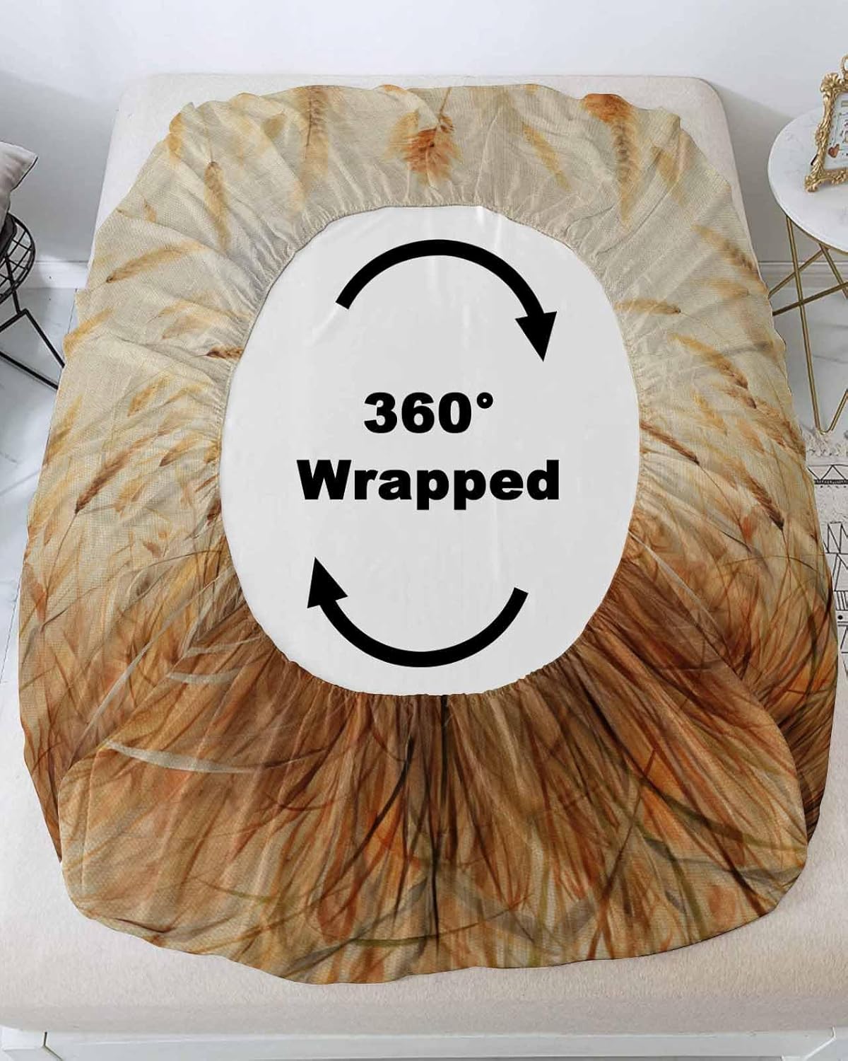 King Fitted Sheet Deep Pocket Bed Sheets with Elastic,Grassland Reed Retro Linen Soft Brushed Microfiber Hotel Luxury Bed Sheet Set,Modern Minimalist Botanical Art Mattress Cover with 2 Pillowcase