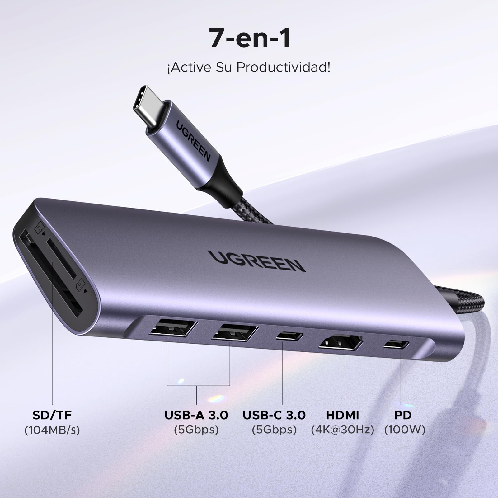UGREEN Revodok 1071 Hub USB C HDMI 4K Adaptador Tipo C Lector Tarjeta SD TF PD 100W Carga Compatible con MacBook Neo iPad Pro Air iPhone 17 Pro MAX Air Galaxy S26 Ultra