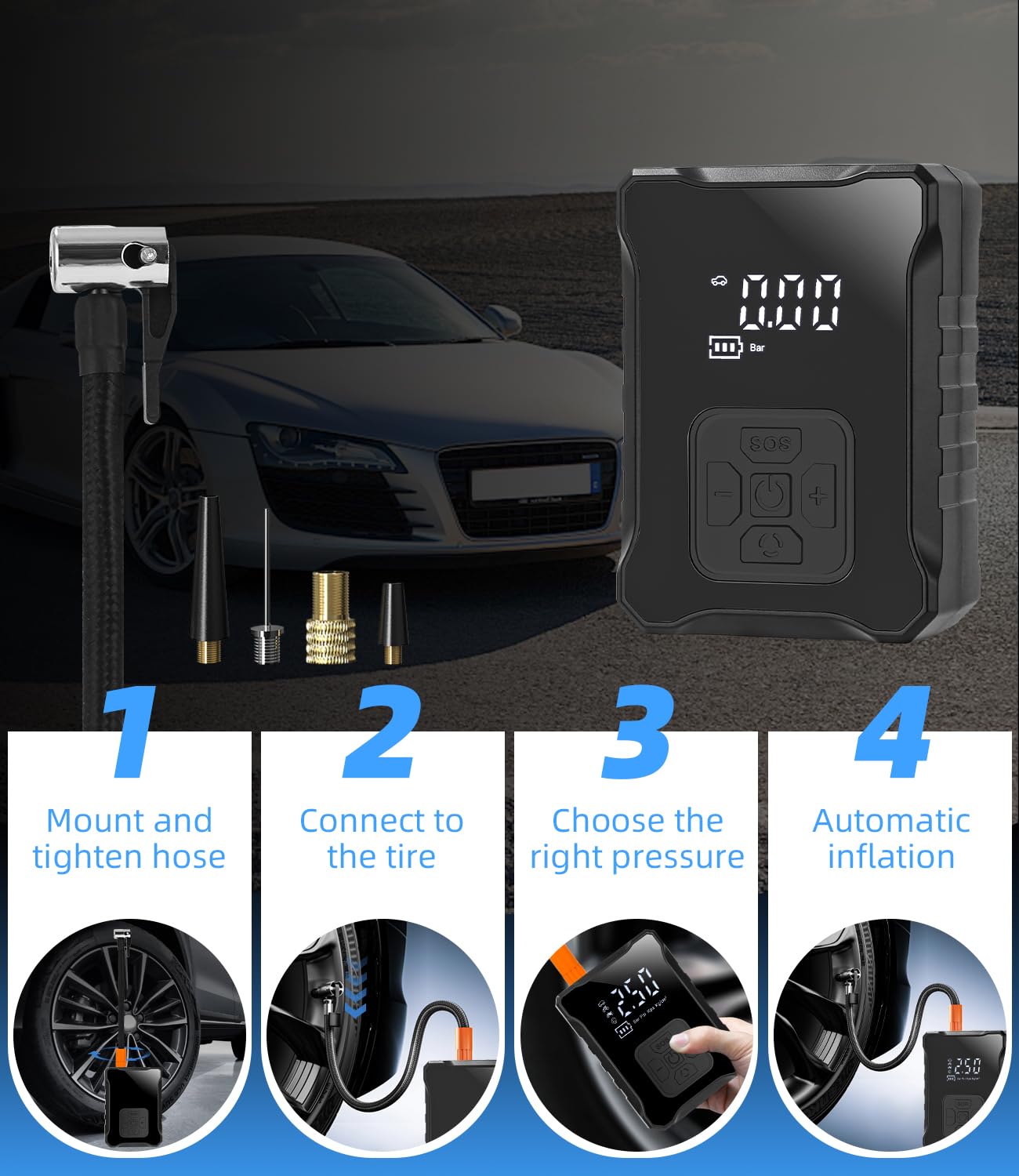 Pompa Aria Elettrica Portatile Con Display LCD 150 PSI &ndash; Per Auto, Bici E Pneumatici