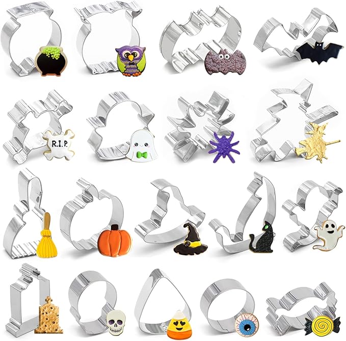 18PCS Halloween Cookie Cutters - Pumpkin,Witch,Bat,Ghost,Cat,Tombstone,Spider, Skull,Candy Corn, Owl,Hat,Cauldron,Broom Party Supplies