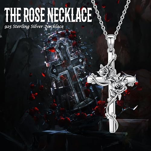 Miniatura 4 de Cross necklace 925 Sterling Silver Rose Crose Pendant Necklace Cross Necklace for Women (A-Rose Cross Necklace)