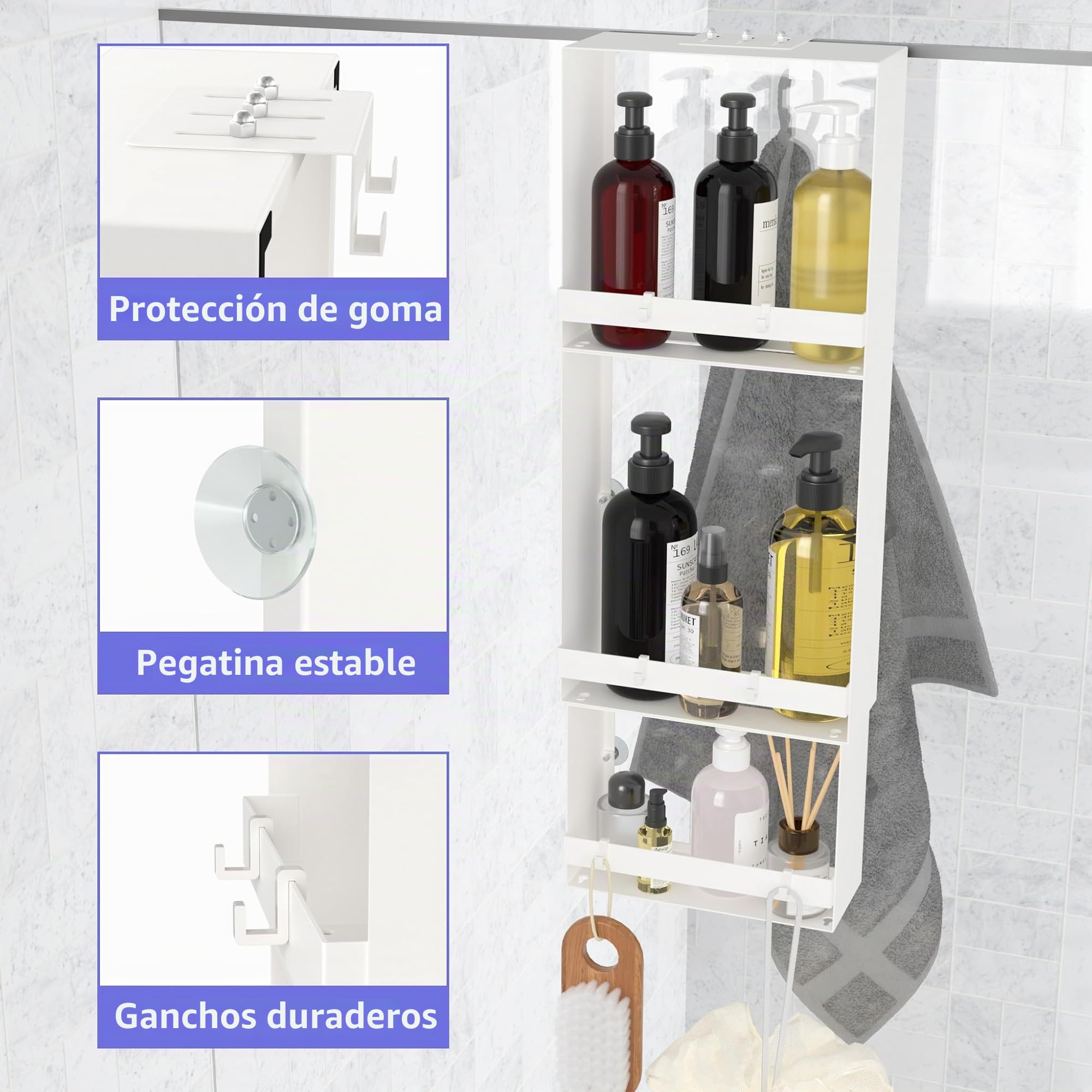 Estanteria Baño Para Colgar, Estanteria Baño sin Taladro, Ducha para Colgar 3 niveles, sin Necesidad de Taladrar, Organizador de baño Con 8 Ganchos & 4 Ventosa de Soporte, Blanco