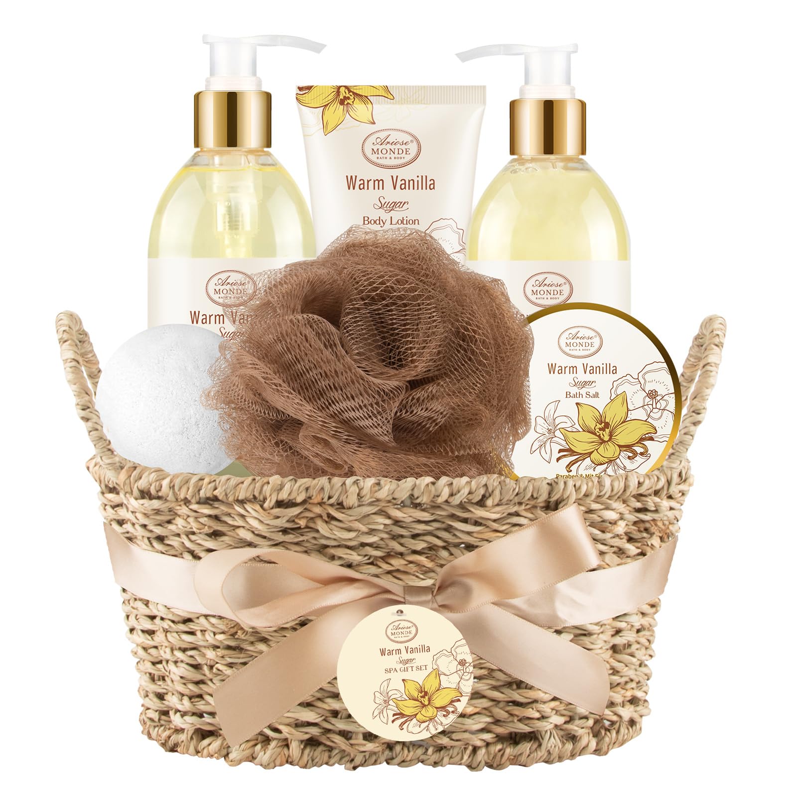 Bath & Shower Spa Basket Gift Set, Warm Vanilla Sugar Scent, with