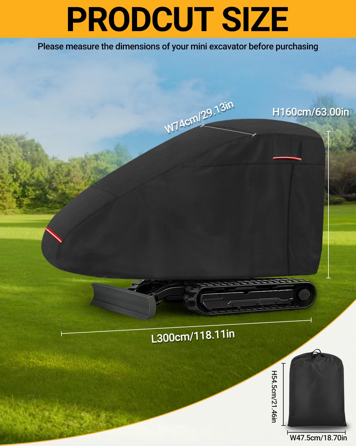 Baggerabdeckung Minibagger Abdeckung Schutzhülle für Minibagger Regenschutz und UV-Schutz mit Reflektierendem Streifen winddichter Schnalle und Reißverschluss 300 x 160 x 74 cm