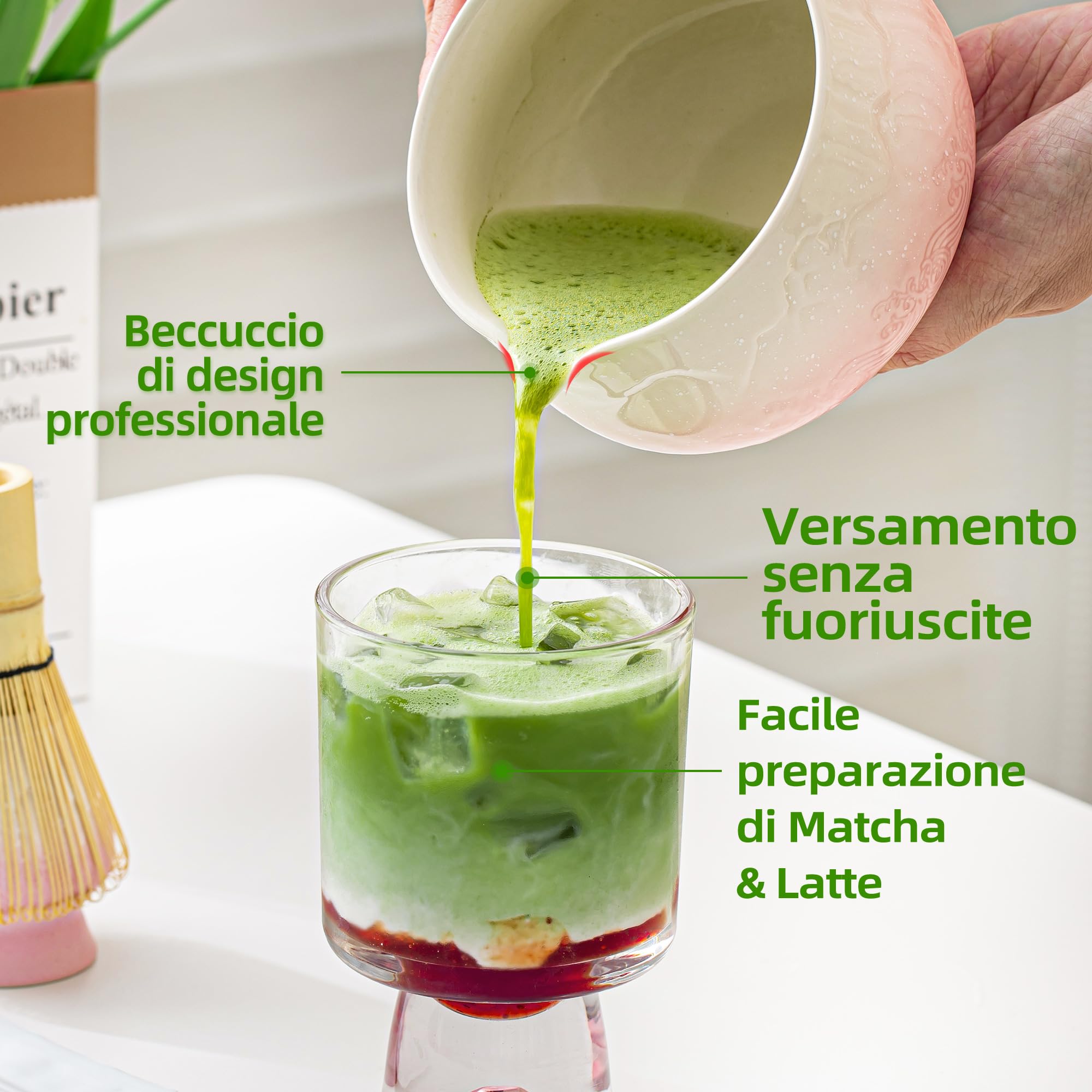 TEANAGOO MATCHA KIT, Matcha Set rosa, Matcha Cerimoniale, set per preparare il latte al tè matcha, set con frusta e ciotola con cucchiaio e setaccio, ciotola in ceramica con design Fuji,