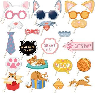 25Pcs Cat Photo Booth Props with Stick, Kitty Theme Selfie Props, Meow Birthday Party Supplies, Photography Backdrop Decorations