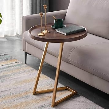 Side Table C Shaped, Round Sofa End Table, Coffee Snack Table Bedside Table for Small Space, Living Room, Bedroom, Wood Look Accent Furniture with Metal Frame,Walnut+Gold-40x40x60cm