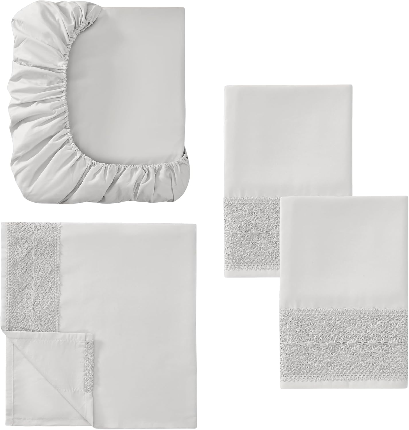 Modern Threads 4 Piece Microfiber Sheet Set – Soft Cooling Bed Sheets with Crochet Lace – Deep Pocket, Wrinkle Free, Breathable, Hotel Luxury Bedding, Light Gray, King