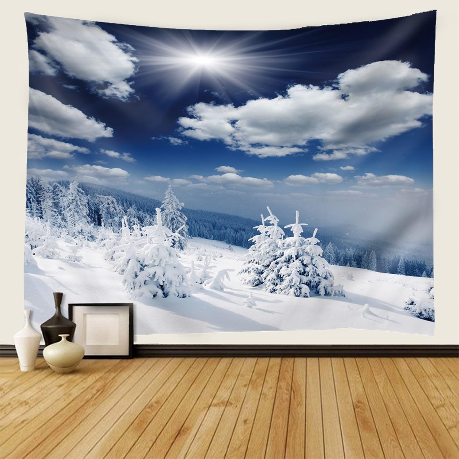 KnSam Wandteppiche, Sonnenschein Himmel Schnee Wald Wandteppich Landschaft Natur Tapisserie Wandbehang XXL Polyester Wanddekoration mit Art Nature Dekorationen, Blau Weiß, 350x256cm