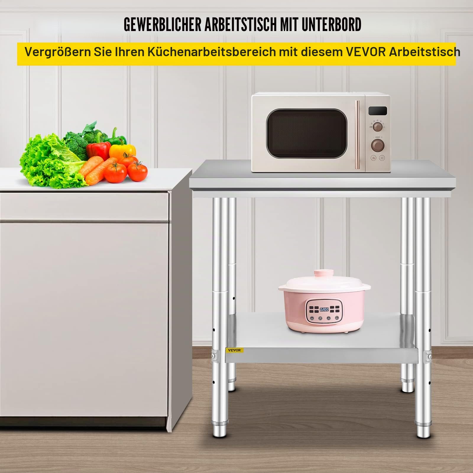 VEVOR Arbeitstisch Küche Edelstahl 60 x 76 x 80 cm Arbeitsplatte Küche in 2 Etagen Arbeitstisch aus Edelstahl für die Zubereitung von Speisen, Hotels, Büros, Krankenhäusern