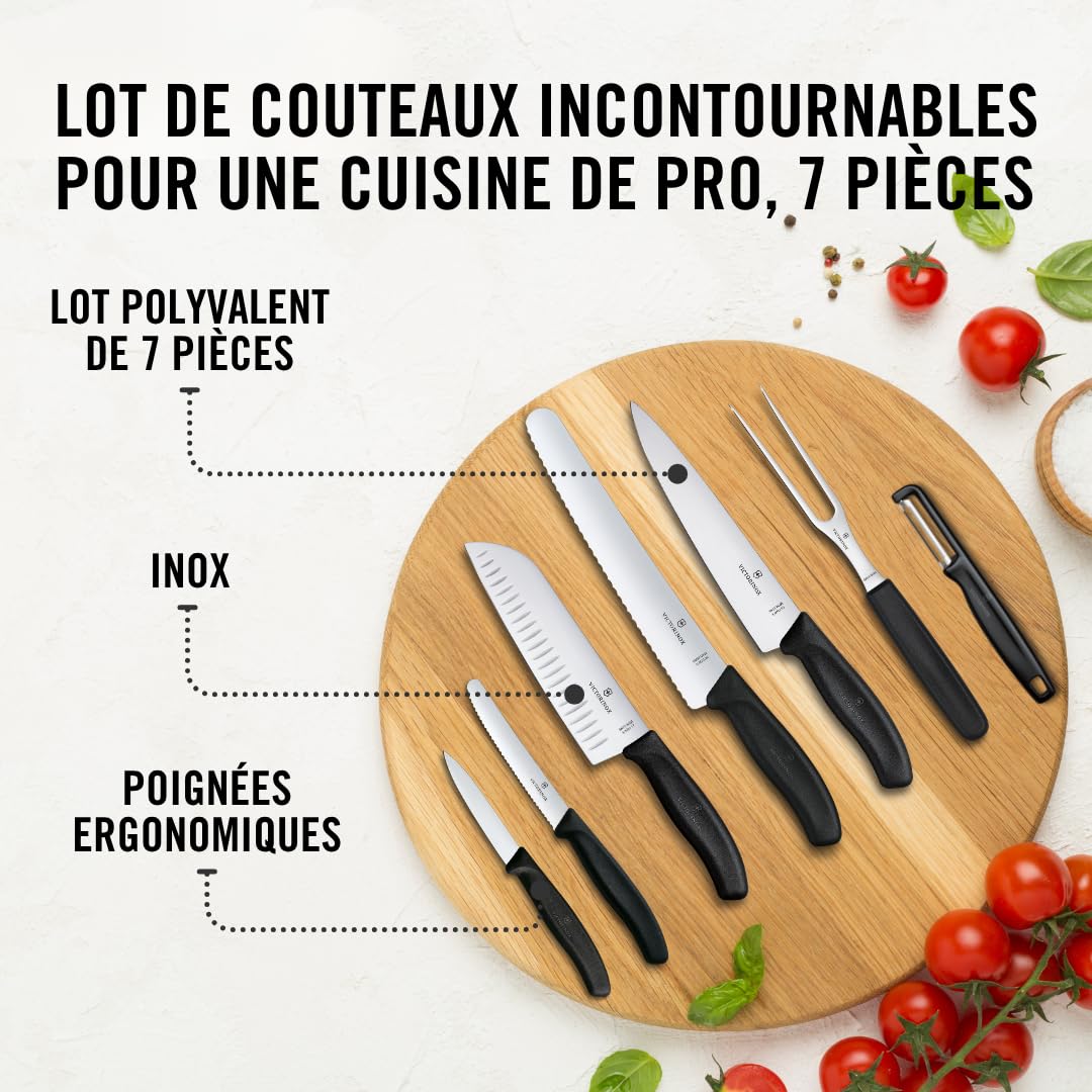 Victorinox Swiss Classic Set de 7 Couteaux de Cuisine, Santoku, Noir | Idéal pour viande, pain, légumes et fruits, lames en acier inoxydable avec manches ergonomiques, Swiss Made