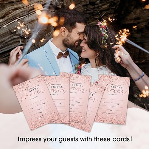 Miniatura 5 de Juego de 25 invitaciones de oro rosa con purpurina con sobres, invitaciones de oro rosa para despedida de soltera, invitaciones de fiesta de boda,