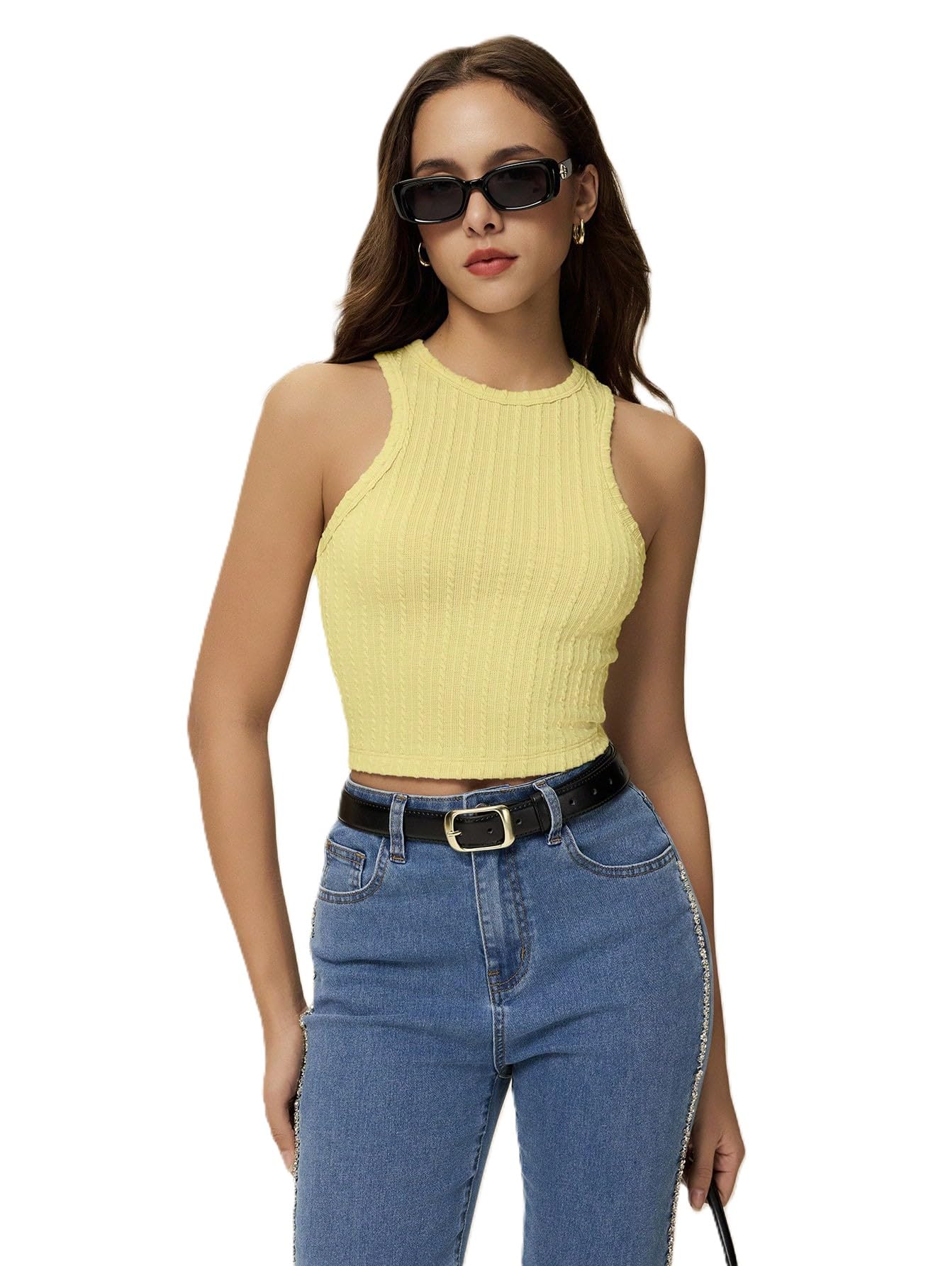Women's High Neck Tank Top Sleeveless Summer Crop Tops for Women Knit Ribbed Basic Top-image-34
