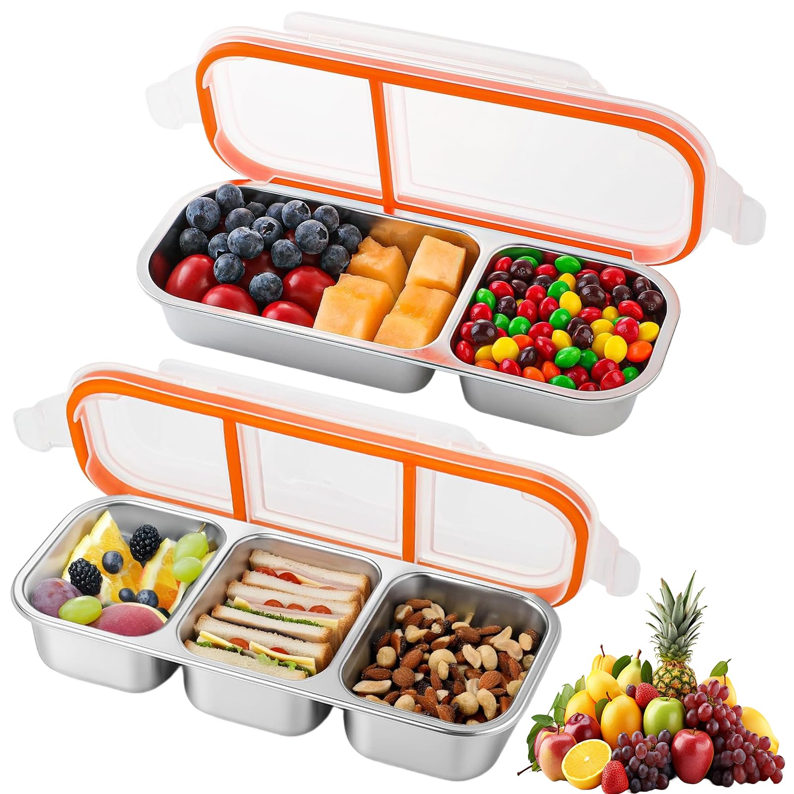 Pack de 2 Fiambreras con Compartimentos, Lunch Box Infantil de Acero Inoxidable, Porta Meriendas con Tapa Hermética para Colegio, Trabajo, Camping, Apta para Lavavajillas
