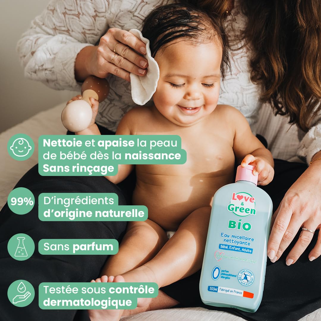 Love & Green - Eau Micellaire Nettoyante Bio 0% 500 ml - Fabriqué en France