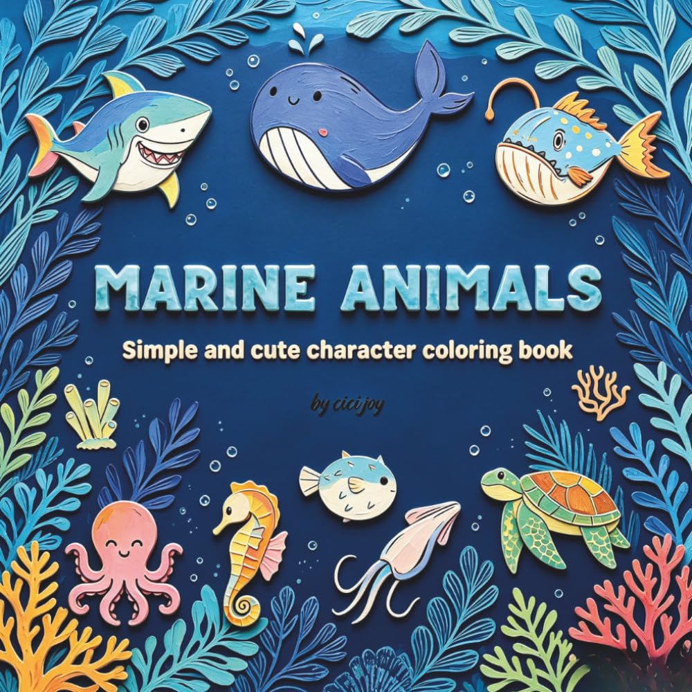 Marine animals: Simple and cute character coloring book