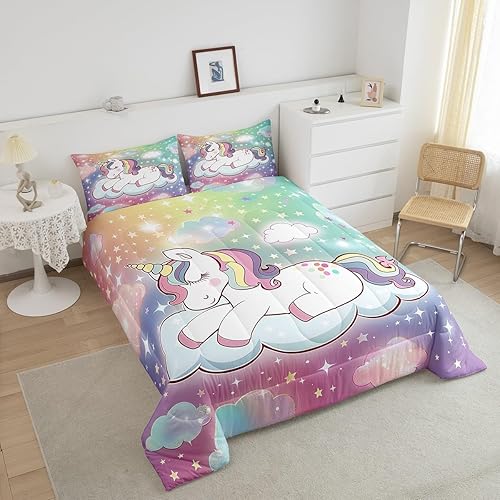 Miniatura 4 de Juego de ropa de cama tamaño individual para niñas con diseño de unicornio y arco iris, lindo juego de edredón Kawaii para decoración de habitación