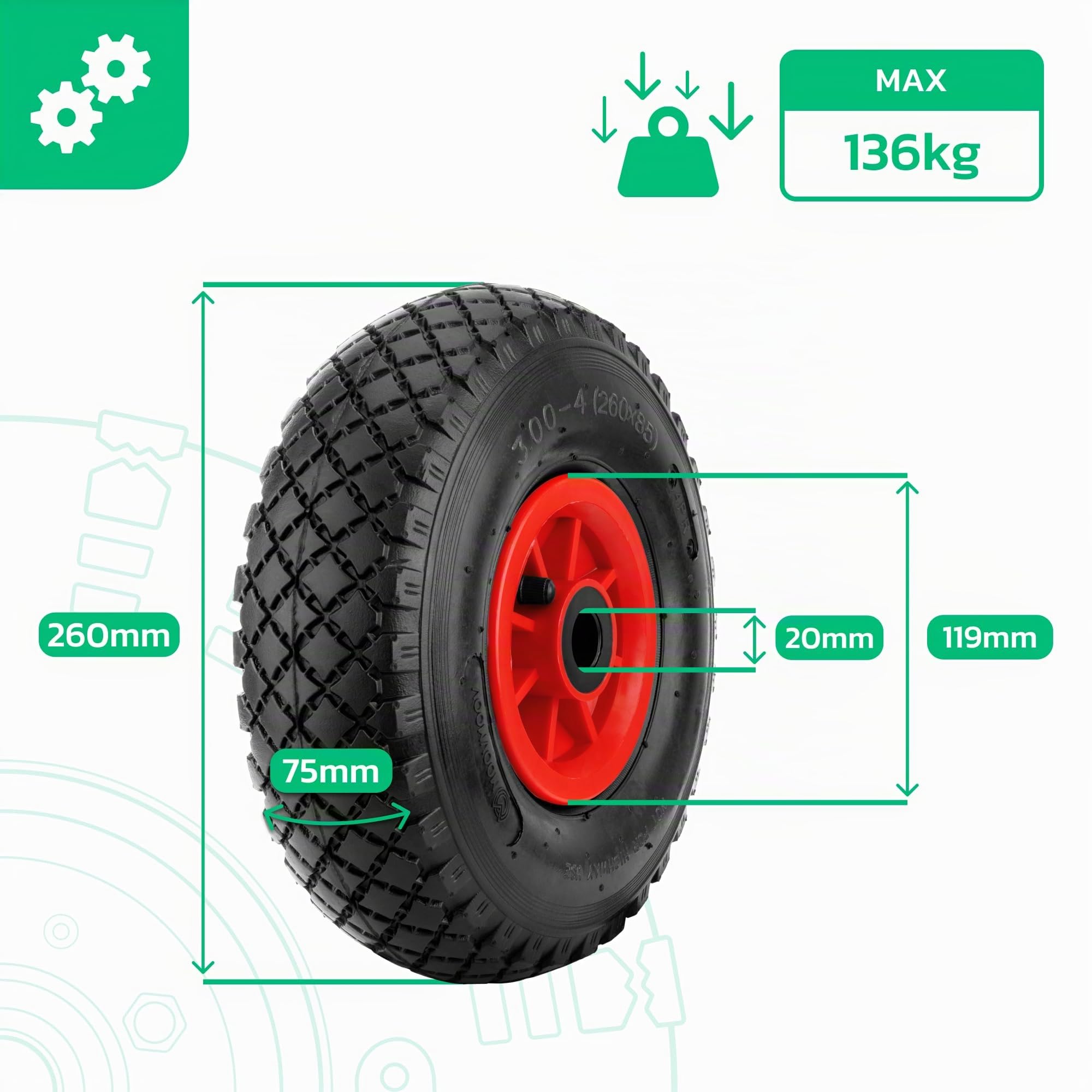 MOOVMOOV Ruote Gonfiabili 3.00-4 (260x85 mm) - per Carrelli, Carriola, Carro, ecc. Ruota Completa: Pneumatico + Camera d'Aria con Valvola Angolata + Cerchione in PVC Rosso con Cuscinetti a Rulli