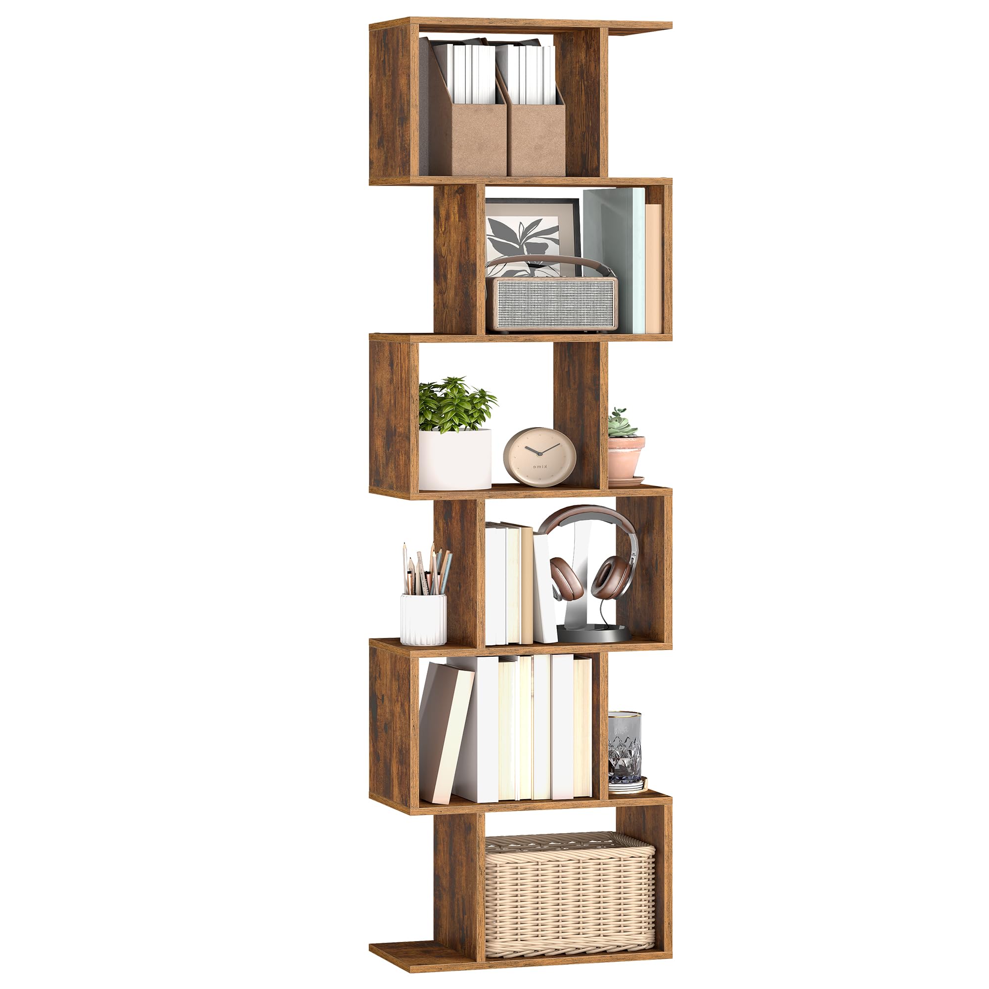 VASAGLE Bücherregal, Regal mit 6 Ebenen, 24 x 40 x 191 cm, Standregal, Büroregal, freistehend, Dekoregal, zur Präsentation, modern, für Wohnzimmer, Schlafzimmer, Büro, vintagebraun LBC461K01