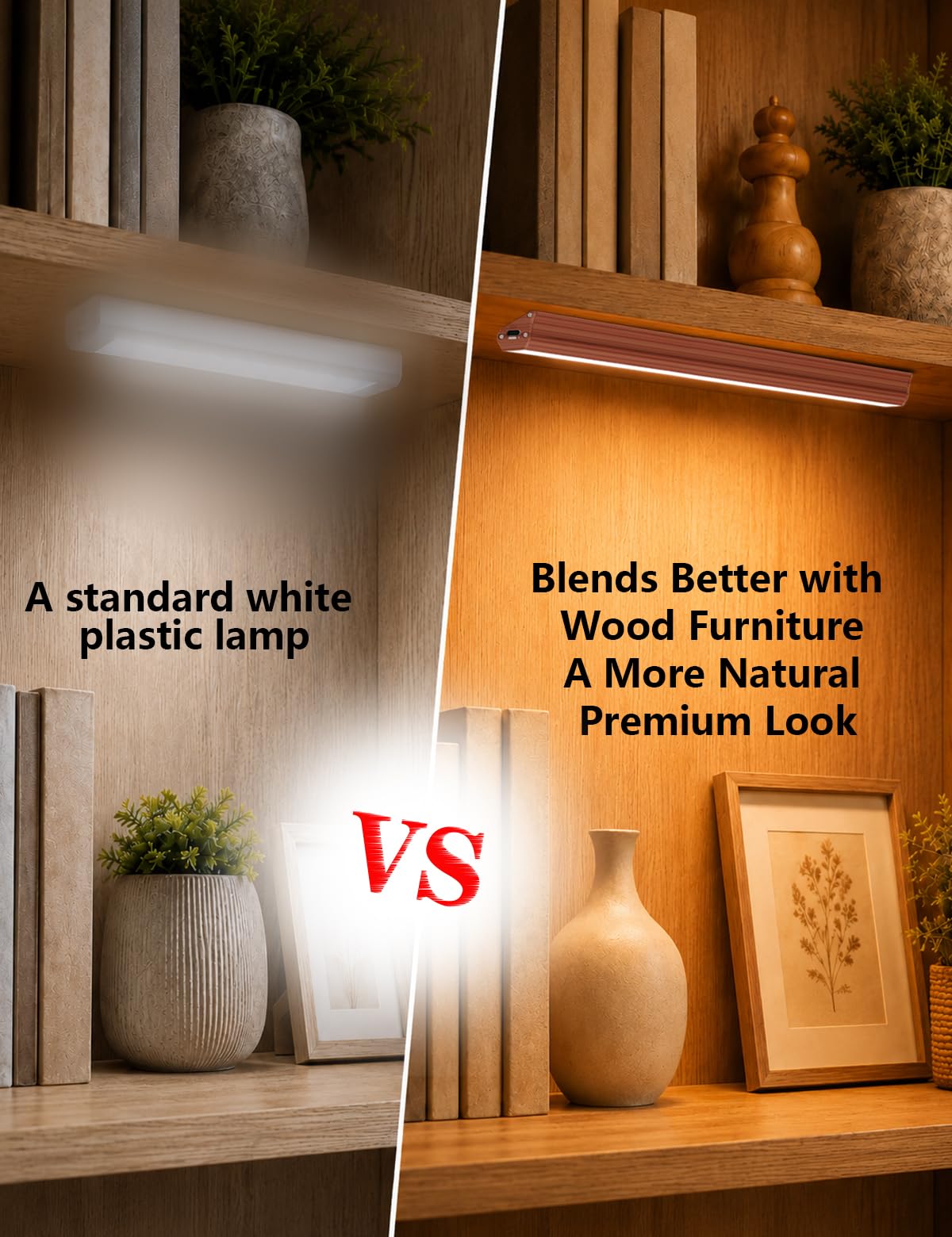 Luci per armadietto, luci LED per armadio, ricarica USB wireless (colore legno, confezione da 2 da 31 cm)