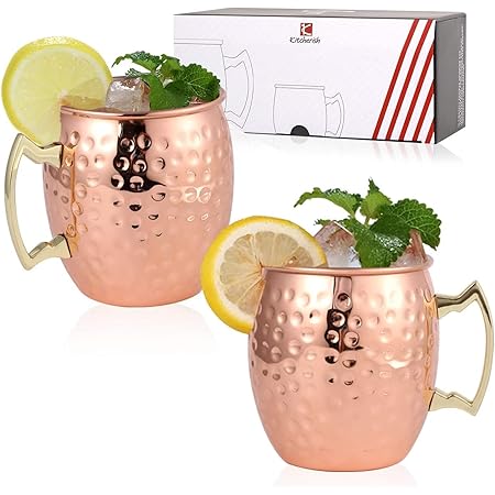K Kitcherish Moscow Mule Mugs Set of 2-[Gift Set]18 oz, Hammered Copper Mugs | Stainless Steel Lining, Copper Plating Cup with Gold Brass Handles for Making Cool Drinks, 3.4'' (Diameter) x 4 ''(Tall)