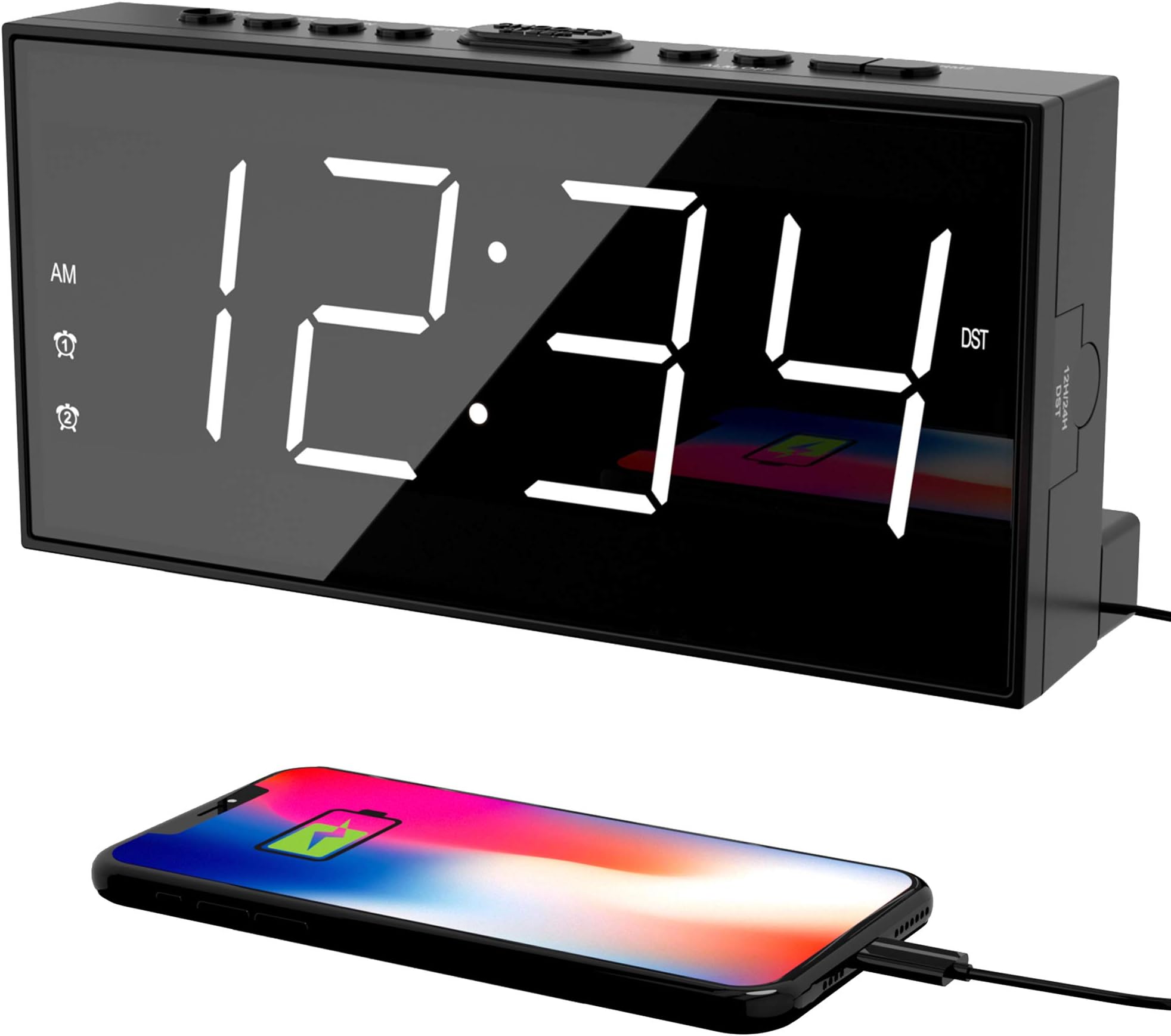 Alarm Clock for Bedroom, 2 Alarm Clocks, Loud LED Large Display, Clock with USB Charging Port, Adjustable Volume, Dimmable, Snooze, Simple Digital Clock for Deep Sleepers, Kids, Elderly, Home Office