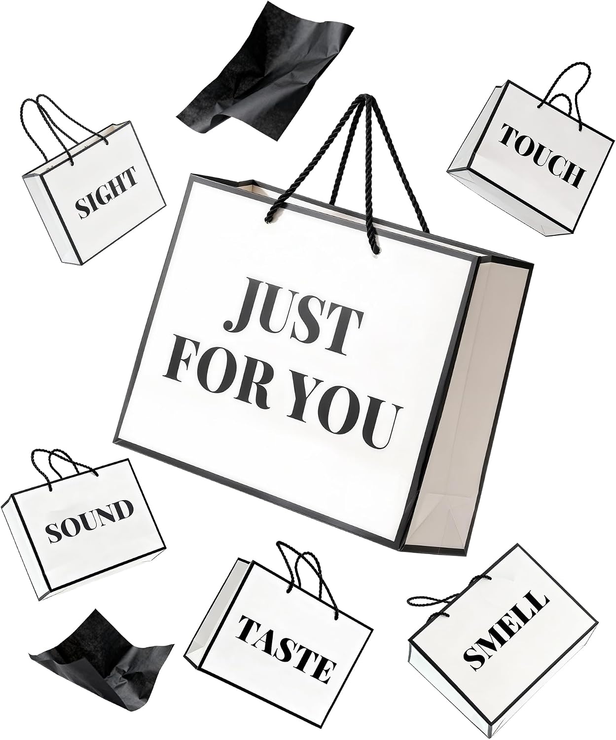 Bojoroy 5+1 Senses Gift Bags for Him/Her with Labels - A Heartwarming, Ready for Birthday, Anniversary & Holidays 6 Themed Bundle Bags for Boyfriend, Girlfriend, Husband & Wife - Classic Black & White