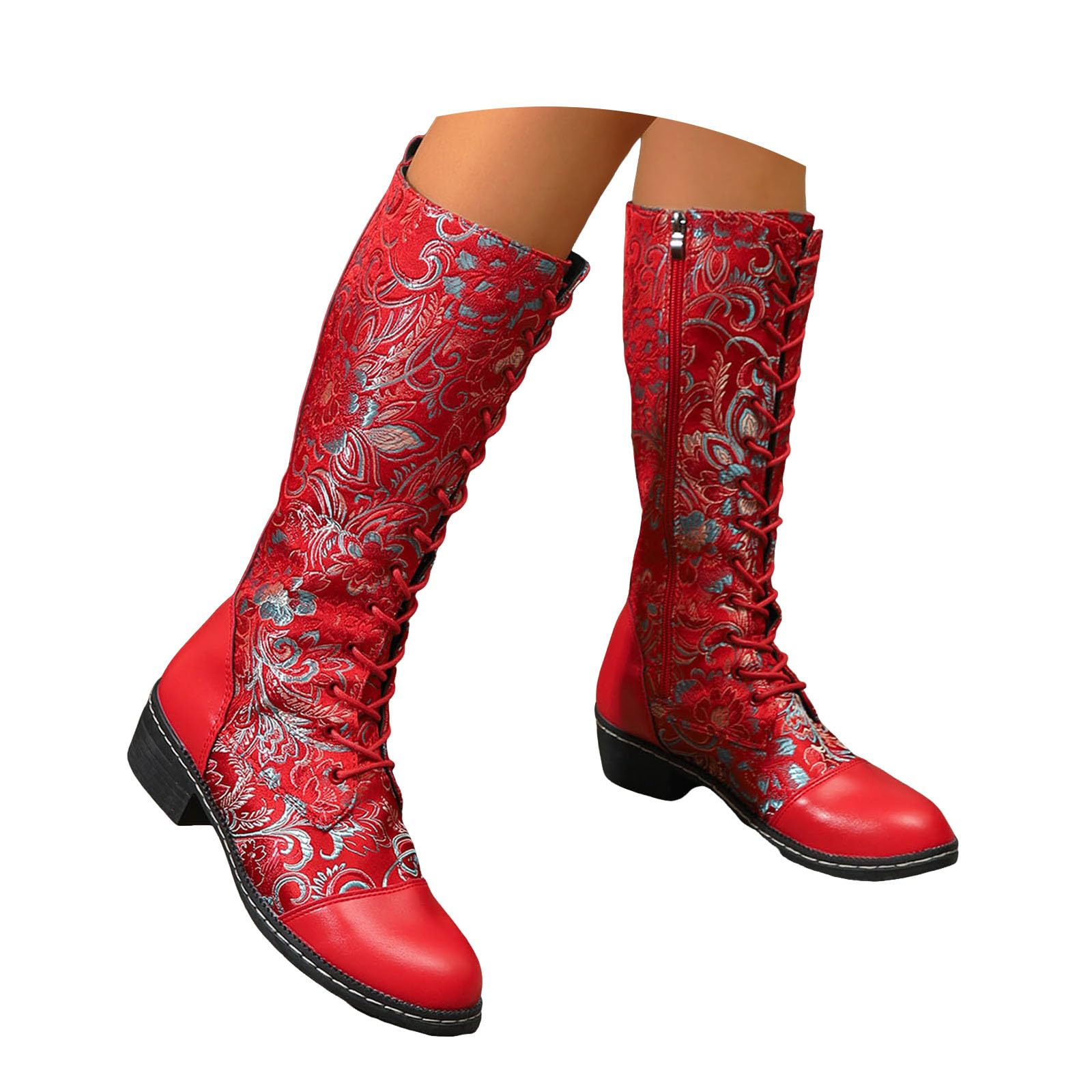 Knee High Combat Boots for Women Vintage Ethnic Flower Embroidered Leather Lace Up Round Toe Chunky Low Heels