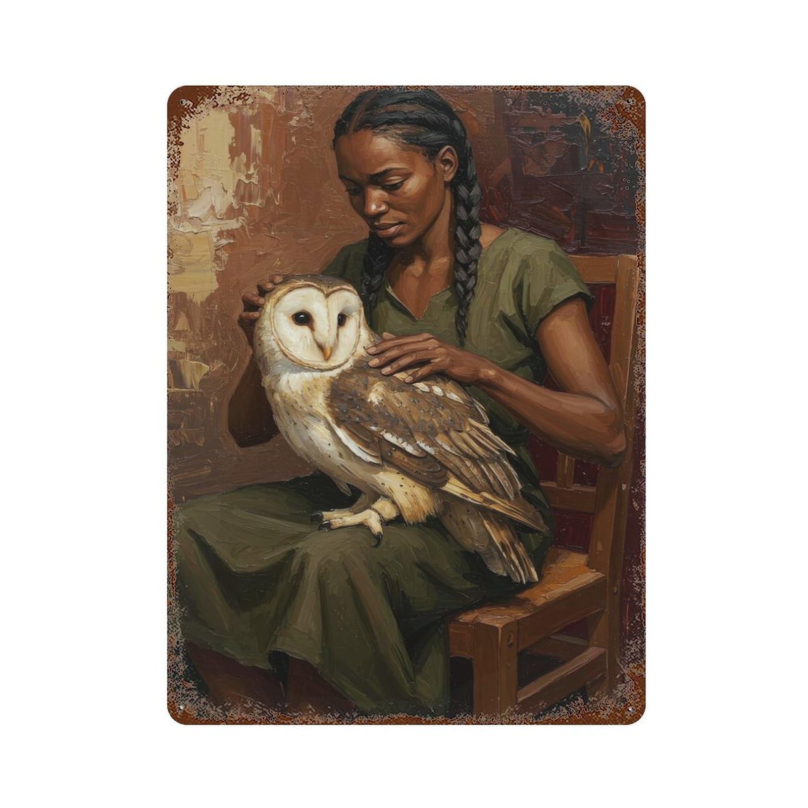 Woman with Owl Painting 15.7"x11.8" Rusty Metal Tin Sign, Shabby Chic Decor for Bistro, Counter And Cafe Decor