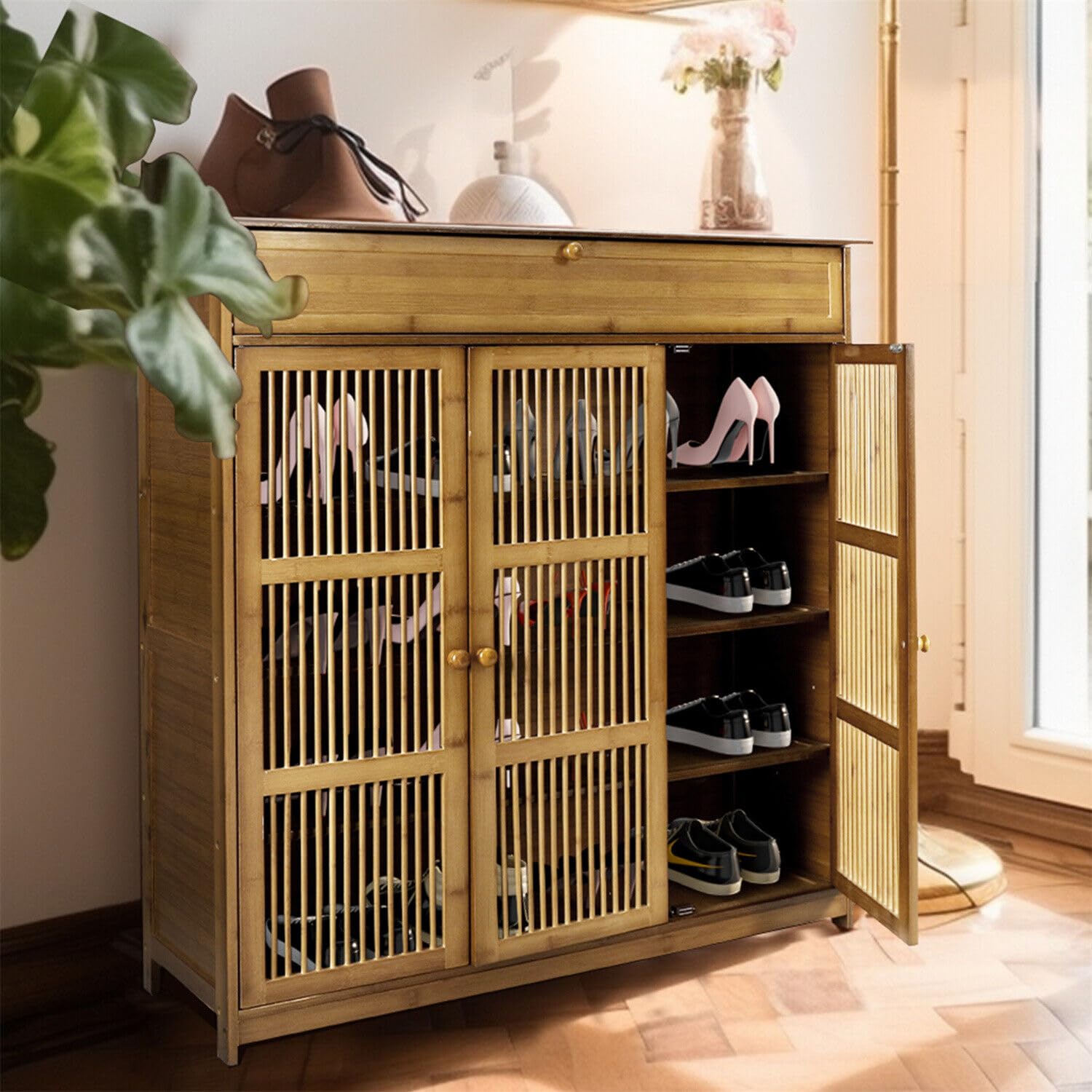unho Zapatero de Bambú para Pasillo: Zapatero con Estantes y Cajón de Diseño Oriental Mueble Madera para Entrada Recibidor