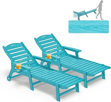 Plawdlik Oversized Patio Chaise Lounge Set of 2, 5 Positions Adjustable HDPE Outdoor Lounge Chair with Rolling Wheels & Cup Holder,All-Weather for Poolside, Beach, Garden - Aruba Blue