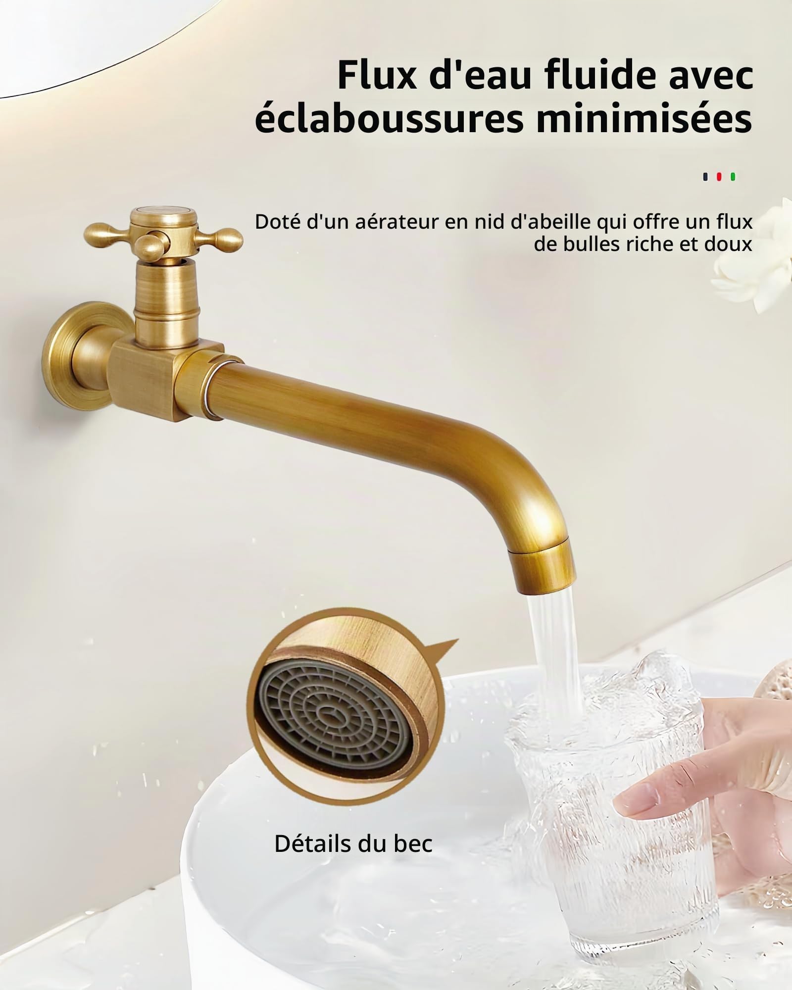 Robinet D'Eau Froide Mural Laiton Antique Pivotant 360°, 24cm | Robinet Monocommande Mural Lavabo Long Laiton pour Salle de Bain Jardin Balcon Terrasse Extérieur Maison Hôtel