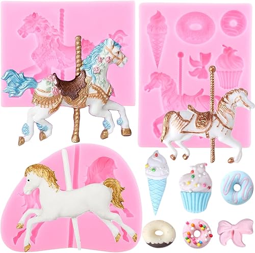 ZiXiang Juego de 3 moldes de silicona para pasta de goma de mascar de chocolate con carrusel para baby shower, caramelos, cupcakes, arcilla