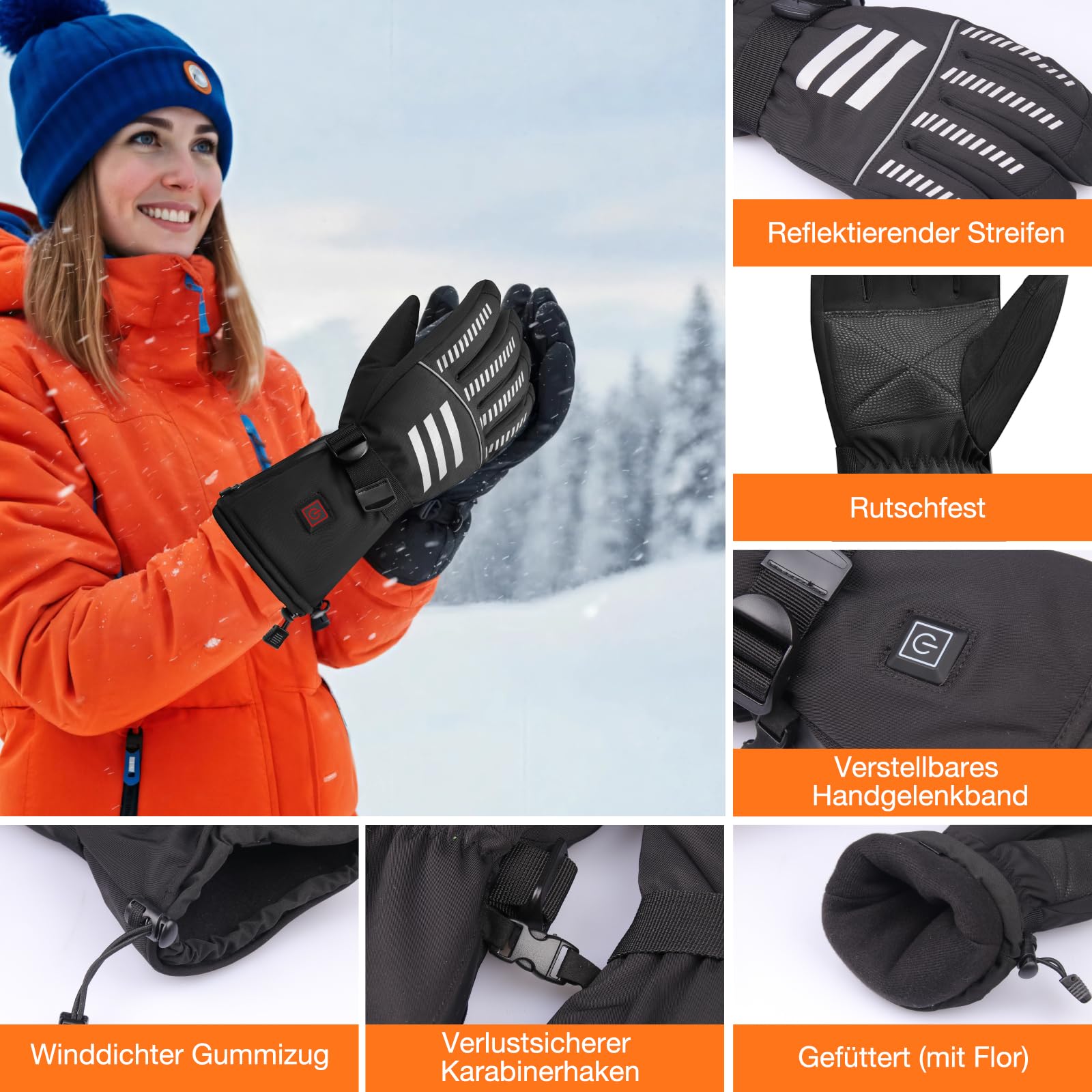 Gants Chauffants Rechargeables 7.4V 3000mAh - Gants de Ski et Moto Chauffants Homme Femme - 3 Niveaux de Chauffage, Imperméables, Tactiles - pour Randonnée, Chasse, Randonnée Hivernale