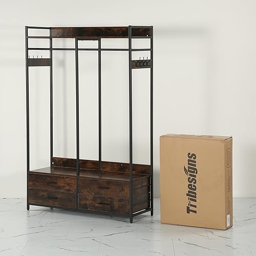 Miniatura 9 de Tribesigns Organizador de armario independiente para colgar ropa, perchero resistente con 4 cajones, 8 ganchos y estantes de almacenamiento, Marrón