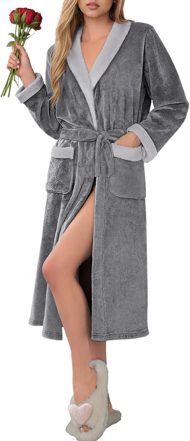 Ekouaer Robes for Women Soft Long Bathrobe Lightweight Fleece Shawl Collar Spa Robe Cozy Sleepwear with Pockets S-XXL