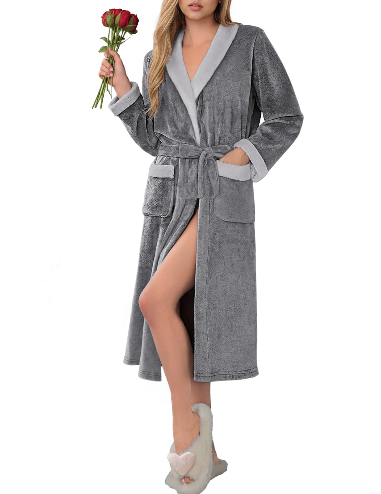 Ekouaer Robes for Women Soft Long Bathrobe Lightweight Fleece Shawl Collar Spa Robe Cozy Sleepwear with Pockets S-XXL