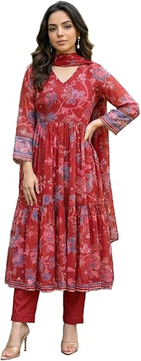 W for Woman Floral Printed Chiffon Flared Kurta with Straight Pants and Dupatta Set