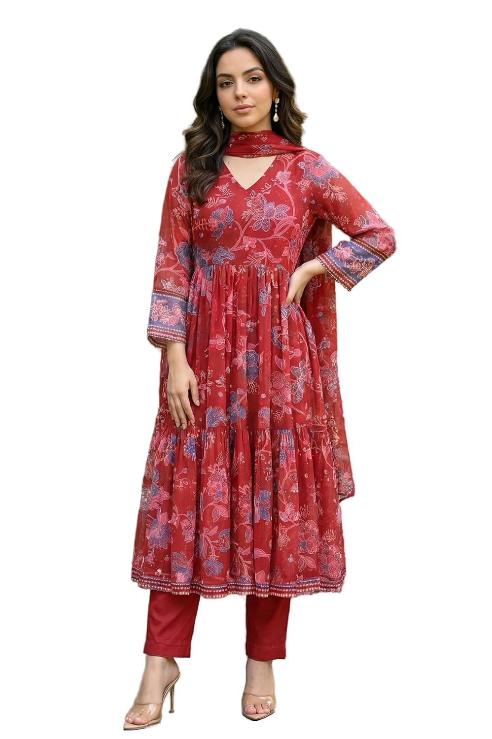 W for Woman Floral Printed Chiffon Flared Kurta with Straight Pants and Dupatta Set