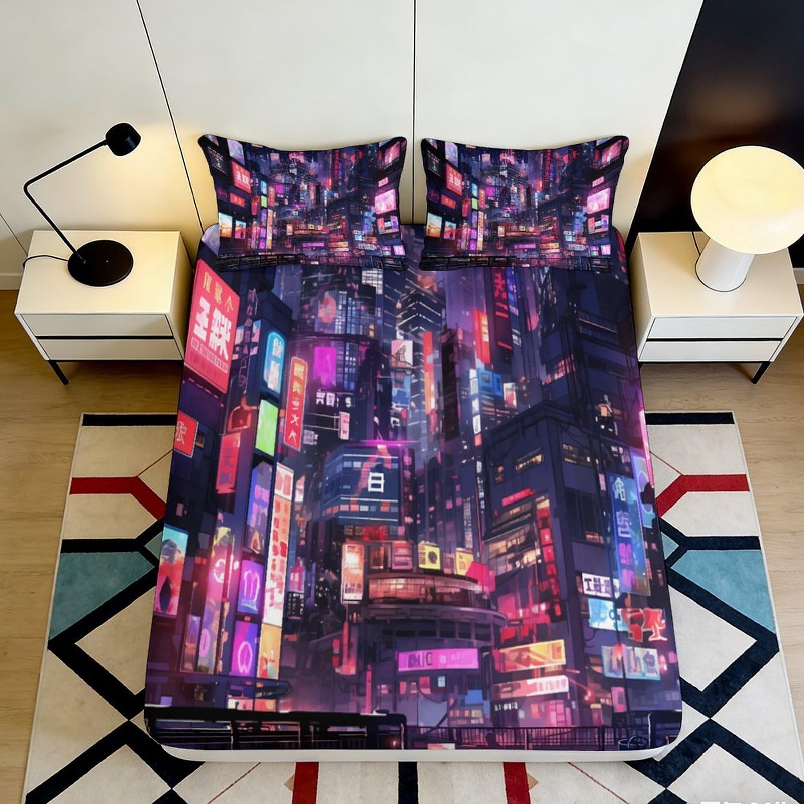 3D Printed Neon Cityscape Fitted Sheet Microfiber Urban Night Lights Mattress Cover for Bedroom Dorm Decor 90x200x25cm