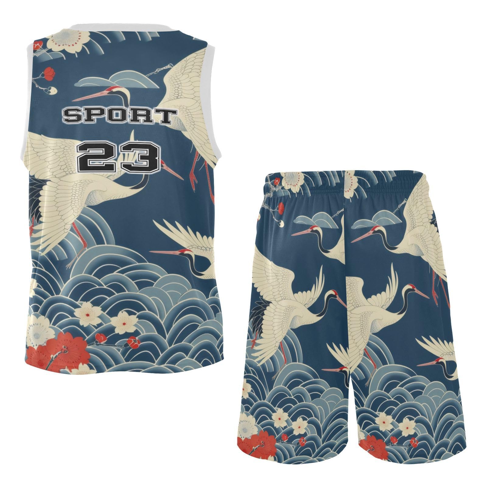 FLildon Japanese Flowers Cranes Boys Basketball Jersey Set Tank Top Shorts Tracksuit Sport Training Suit for Kids