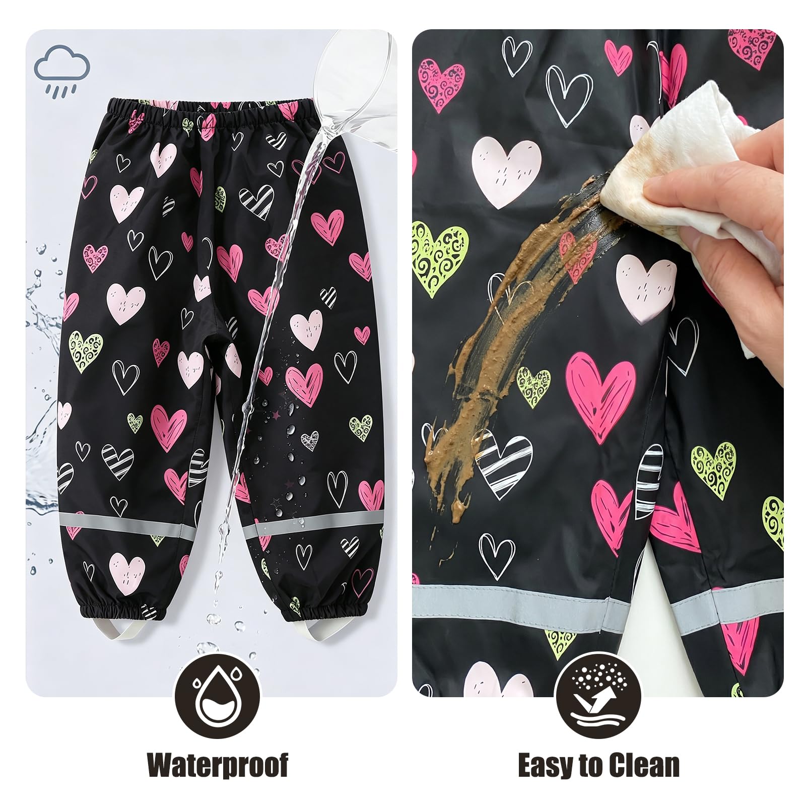 Pantaloni Pioggia per Ragazza Ragazzi, Stampa Impermeabile Pantalone con Riflettente Bambini Leggero Antipioggia Anti-Fango Pantaloni All'aperto Abbigliamento per 1-10 Anni