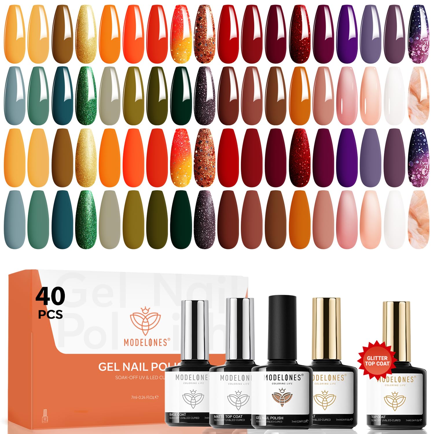 modelones 40 Pcs Gel Nail Polish Set, Nude Brown Green Red Purple Orange Gold Jelly White Colors Blooming Gel Polish Kit with Base Coat & Matte Glitter Glossy Top Coat DIY Mani Gfit