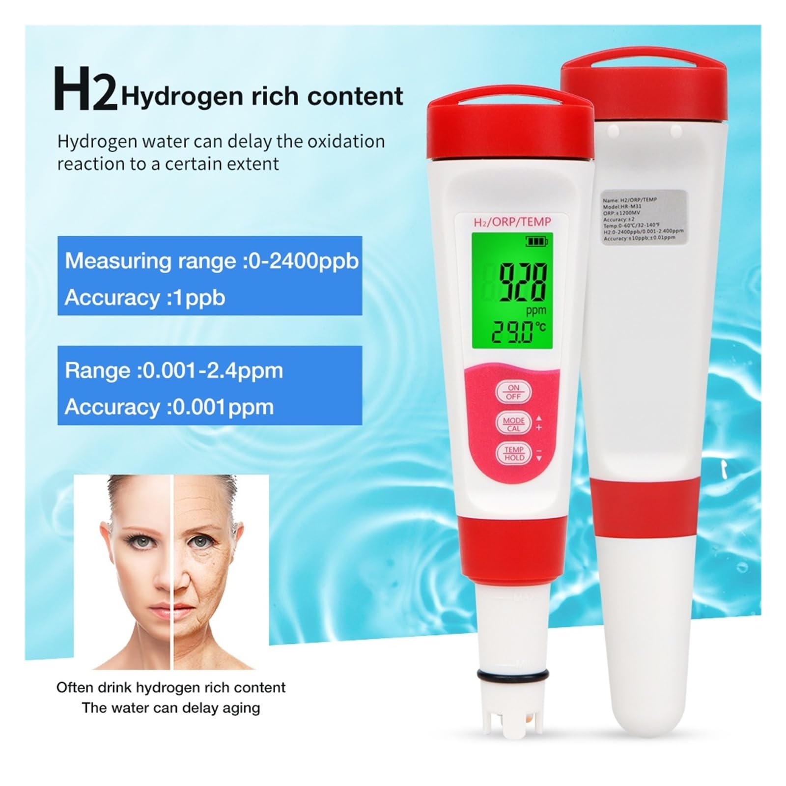 Testeur de qualité de l'eau Compteur d'eau numérique 3 en 1 H2 ORP avec ATC, testeur d'hydrogène Haute précision 0-2400 PPb