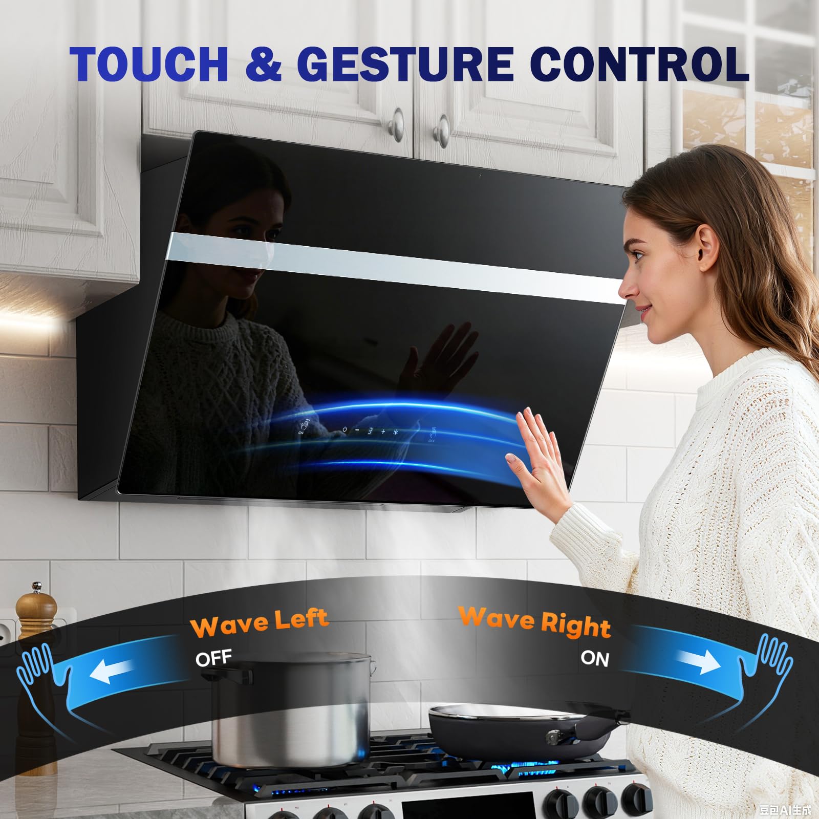 TopStrong Cooker Hood 60cm, 800 m³/h Kitchen Extractor Fan with Carbon Filters, Class A+++ Wall Mounted Extractor Hood with Recirculating & Ducting System, Touch and Gesture Control, 3 Speed + Booster - 5