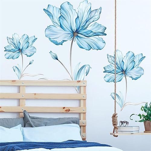 Miniatura 3 de Calcomanías de pared con diseño de flores de color azul claro, diseño de peonía de loto de sacinora para bricolaje, calcomanías de pared de vinilo